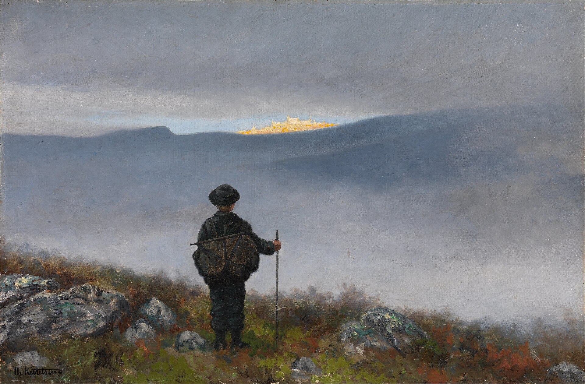 Theodor Kittelsen, Soria Moria (1900) – poutník hledí přes mlžné údolí k zářícímu zámku v dálce